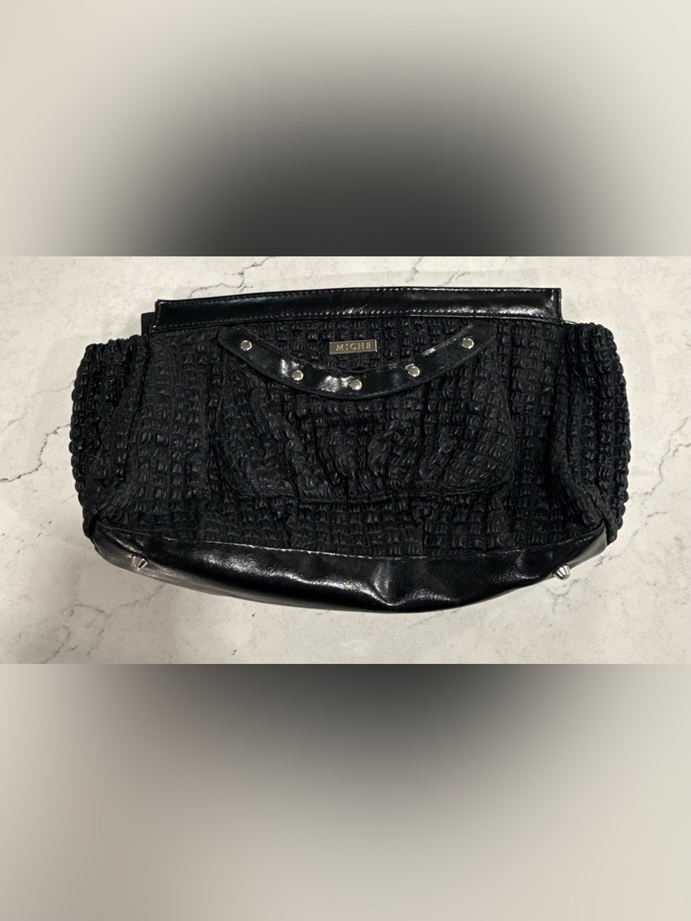 MICHE Black Ruched Studded Clutch Bag